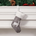 Grey linen Christmas stocking with white reindeer silhouette hanging on a white fireplace - Grey Reindeer