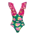 Floral deep V-neck one-piece swimsuit with long sleeves and pink ruffles - S / Tops / Ruffle One-Piece Swimsuit