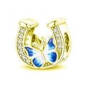Goldener Hufeisen-Anhänger mit blauem Schmetterling und Kristallen für Armband - Blau Weiß Farbverlauf Schmetterling Hufeisen (024)