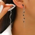 Elegant long fringe earrings featuring silver metal chains and black zircon flower accents - Silver with Black Zircon Style (10935)