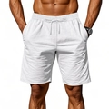 Detailansicht der weißen Leinen-Strandshorts mit Kordelzug und tiefen Seitentaschen - S / Weiß
