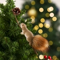 Climbing flocking squirrel ornament with natural pine cone on a wooden branch - Style 10 (22x4x7cm)