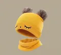 Winter yellow knit hat and scarf set for toddlers with faux fur pom-poms and embroidery - Squinting Set Yellow (2 Months - 2 Years)