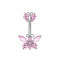 Detail of silver belly button ring with pink zircon butterfly pendant and marquise stones - Silver Pink Zircon Butterfly