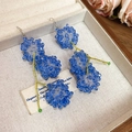 Blue beaded tassel earrings with gold-tone wire stems in a wooden jewelry box display - Blue Crystal Flower Cluster Tassel Ear Hooks (35#)