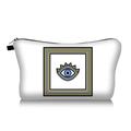 Detail of white travel makeup bag featuring blue evil eye print and black zipper closure - White Square Frame Evil Eye