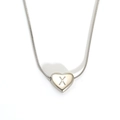 Polished stainless steel heart pendant necklace featuring engraved letter X on snake chain - Letter X (S143S-X)