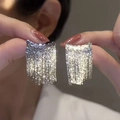 Close-up of silver tassel drop earrings featuring long metal fringe chains held by hand - Curved Tassel / Silver