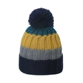Close-up of multicolor striped knit beanie with navy pom-pom and thick ribbed texture - M(56-58cm) / Navy Green Yellow Grey Multi (F)