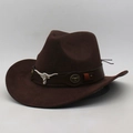 Dark brown felt western cowboy hat with silver bull head leather band and curved brim - One Size (56-60cm) / Coffee