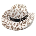 Chapeau de cowboy en peluche léopard avec bandeau clouté et boucle métallique - M (56-58cm) / Couronne à Sommet Plat Léopard Blanc