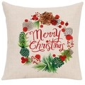 Christmas pillowcase featuring festive berry wreath and Merry Christmas text on beige linen - 45*45cm (No Insert) / Style-18 (Holly Berry Wreath)