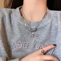 Silver double layer snake chain necklace with square crystal pendant and ball ring - Double Layer White Zircon Titanium Steel Chain