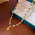 Collar de doble capa bañado en oro con piedra de ojo de tigre ovalada y cuentas elegantes - Café (Conjunto de Dos Piezas Bañado en Oro Real)