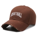 Distressed brown canvas baseball cap with white basketball embroidery for casual outdoor wear - Coffee