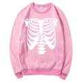 Pink fleece hoodie for men and women featuring a white rib cage graphic print in size M - S / Tops / Pink (Heart Ribs Print)
