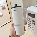 Matte white insulated tumbler with wide handle and straw lid for cold and hot drinks - Handle Cup White
