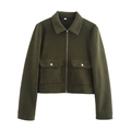 Women's olive green tweed jacket with large flap pockets and a sleek metal zipper - S / Tops / Dark Green