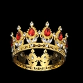 Golden baroque crown featuring red teardrop crystals and heart-shaped hollow metal patterns - Gold With Red Drop