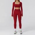 Women's seamless deep red yoga set with long sleeve crop top and high waist leggings - S / Long Sleeve + Leggings / Cherry Red