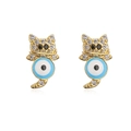 Detail of 18K gold plated cat earrings with blue evil eye enamel and zircon stones - 42092-Cat White Blue Evil Eye