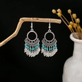 Bohemian silver earrings with blue turquoise beads and vintage metal feather tassels - E5002-4 Blue Feather Beaded
