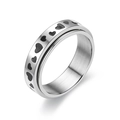 Spinner anxiety ring with black heart patterns in polished silver stainless steel finish - US 5 / 6mm Wide - Heart