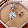 Classic silver flower cluster earrings with sparkling zircons in a red gift box - E2123 6-Claw