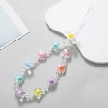 Colorful acrylic flower beaded phone strap with pastel beads and white lanyard on a coaster - White Flower Phone Chain (K2105)