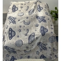 Space-themed grey flannel blanket with blue rockets and planet patterns for kids - Blue Planet / 100*150cm