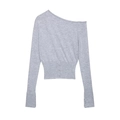 Chic grey off-shoulder knit sweater with button waist and long sleeves on white background - S / Light Gray