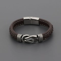 Meerlaagse bruine gevlochten leren herenarmband met unieke metalen knoop en sluiting - Bruin / 21cm