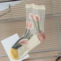 Calcetines transparentes con bordado de tulipanes rosas y detalles florales en crema - Talla única / Flor Grande Rosa