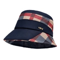 Elegant plaid bucket hat in navy blue with gold LOVE metal decoration and sun protection - Navy Blue