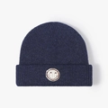 Dunkelblaue Rippstrick-Beanie mit weißem Smiley-Patch-Stickerei im Streetwear-Stil - Marineblau