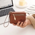 Brown lychee leather clutch with dual zippers and unique leaf-shaped metal pendant charm - Short Style (New Litchi Pattern) / Brown