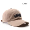 Khaki cotton baseball cap with dark blue letter embroidery and adjustable back strap - Khaki