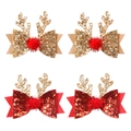 Set of four Christmas reindeer antler hair clips with glitter bows and red pom-poms - Red & Gold Mixed-Glitter Version