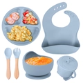 Blue-grey silicone baby feeding set with suction plate, bowl, bib, cup and utensils - 6-Piece Set with Wooden Handle / Light Blue