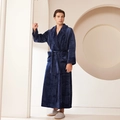Thick navy blue flannel bathrobe for men with elegant geometric textured lapels - Navy Blue Men