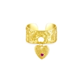 Textured gold heart charm ring with pink zircon gemstone and hammered finish - 18K Gold