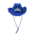 Royal blue cowboy party hat with crown tiara decoration and blue feather trim - Adult 58CM / Royal Blue Feather With Silver Silk