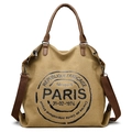 Brown canvas tote bag with leather handles and Paris airport print for daily commute - Brown