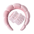 Pink sponge spa headband and wristband set with textured floral pattern - Velvet Lotus Pink Headband + 2 Wristbands