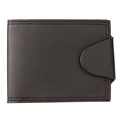 Minimalist black leather short bi-fold wallet for men with a snap fastener closure strap - Solid Black (Horizontal)