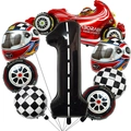 Racing car themed aluminum foil balloon set with red car, number 1 and checkered flag - Racing Number 1