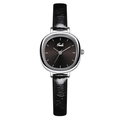 Minimalist quartz watch for women with black leather strap and oval silver case - Silver Case Black Dial Black Strap
