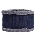 Close-up of navy blue knit neck warmer with grey plush fleece lining and sport metal tag - Neck Warmer Navy Blue