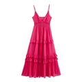 Vibrant rose red chiffon maxi dress with ruffled tiers and spaghetti straps in boho style - XS / Rose Red