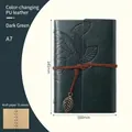 Dark green A7 vintage PU leather loose-leaf notebook with leaf embossed cover and metal charm - Dark Green / A7